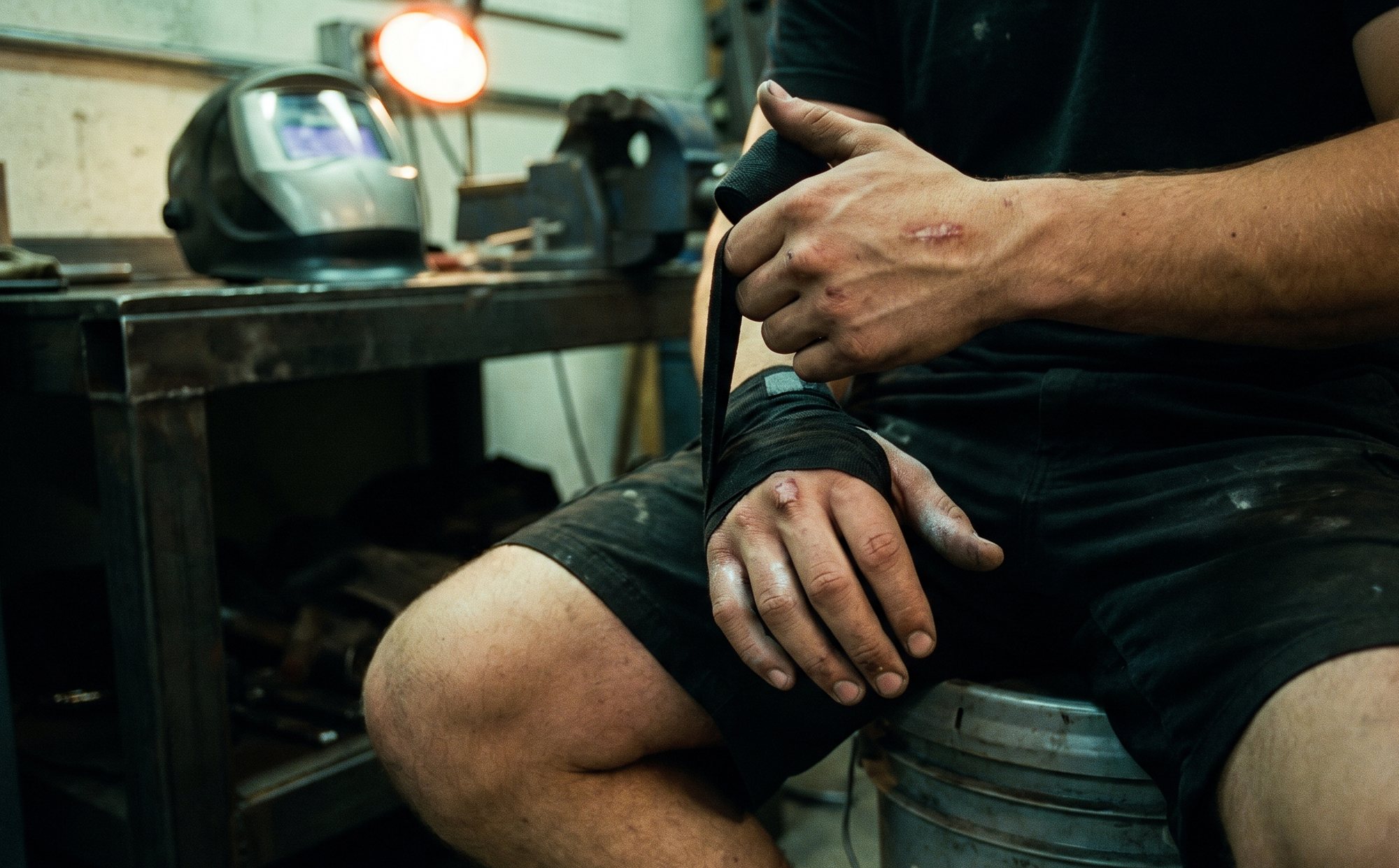 Scarred, chalked hands wrapping a black hand wrap, seated on a steel bucket beside a welding helmet and vise.