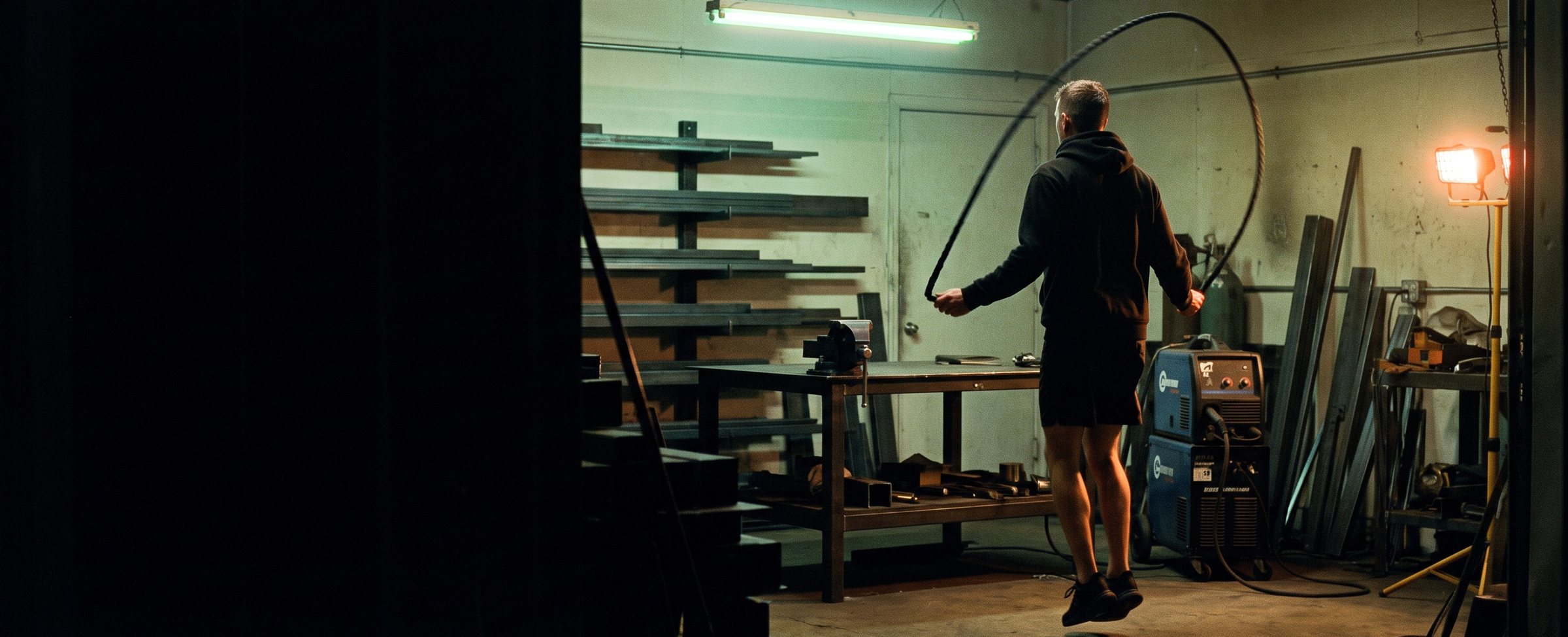 A fighter skipping a weighted rope at night in a small welding shop, seen from behind, lit by one work lamp.