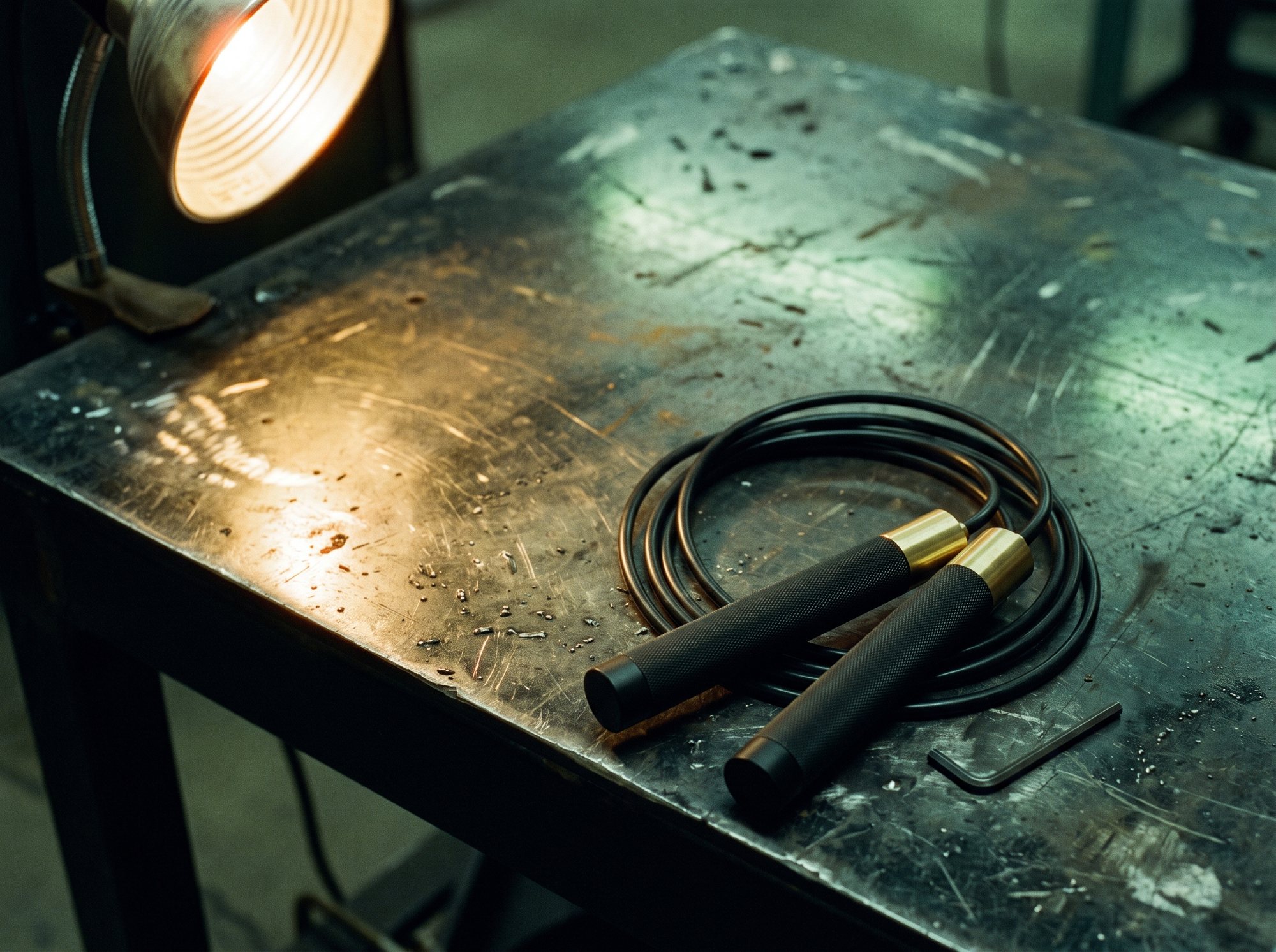 A weighted jump rope with black knurled handles and brass collars coiled on a scarred steel welding table.